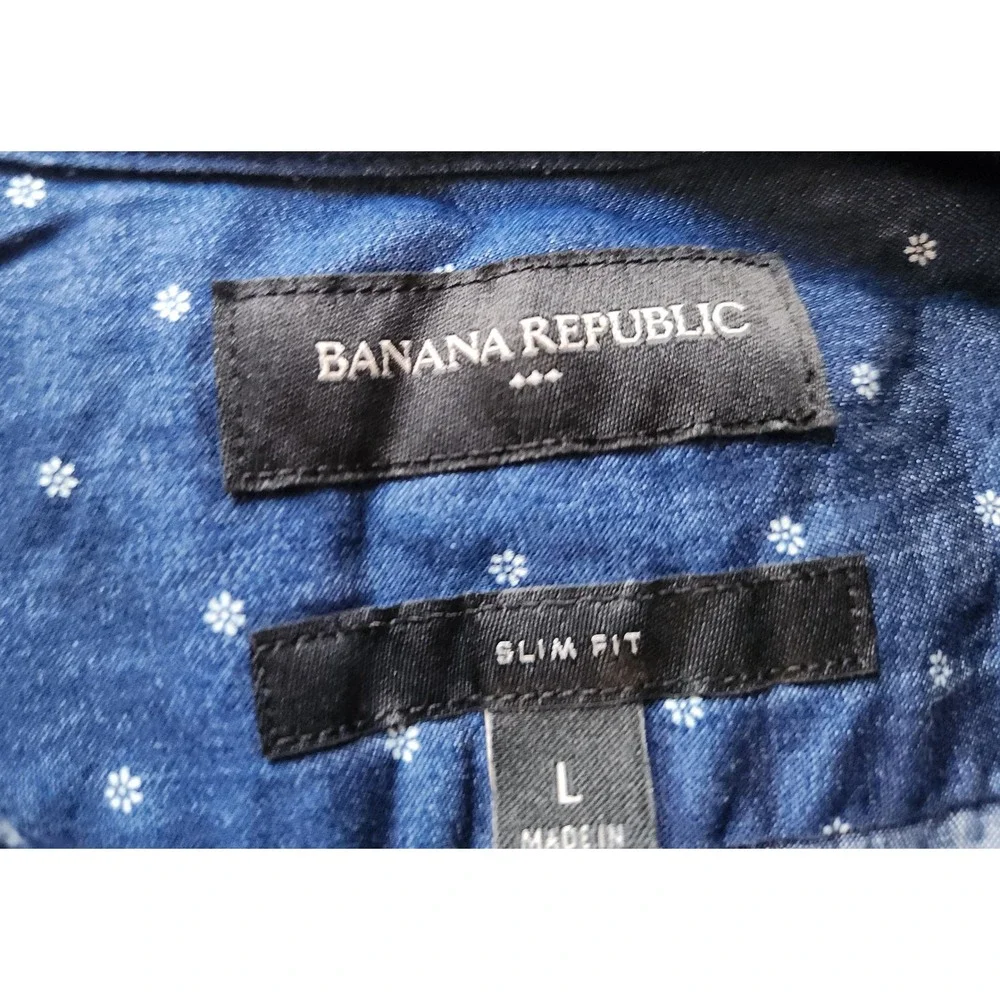 Banana Republic Mens Shirt Size L Button Up Navy Dot Print Short Sleeve Slim Fit